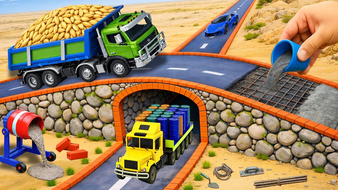 Truck Crash Spills Rice – DIY Mini Tractor Builds a Two-Level Concrete Road with Vehicle Underpass