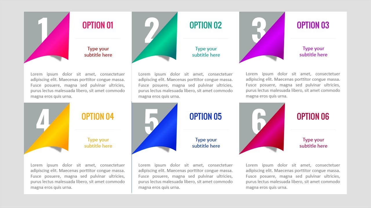 Curled Paper effect Infographic 6 options slide in PowerPoint