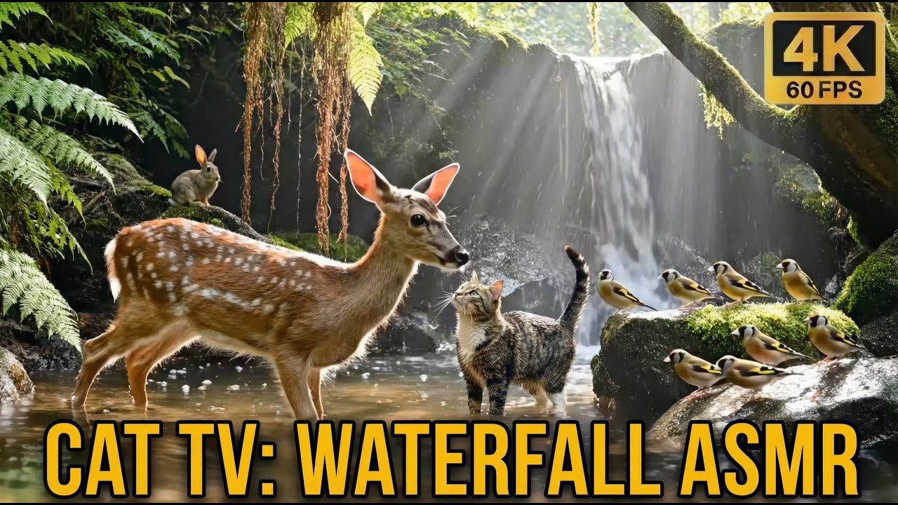 Cat TV for Cats to Watch 🦌 Enchanted Waterfall & Fawn - 8 Hours Nature ASMR