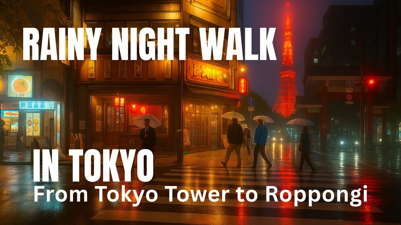 【4K】 Rainy Night Walk around Tokyo Tower and Roppongi Area - Soothing Street Walk