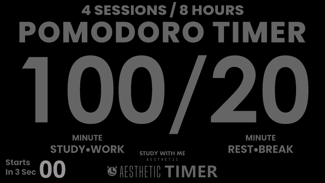 DARK Mode, Pomodoro 100/20 Study Timer, 4 Sets, 100 Minute Study Timer, Gentle Alarm, No Music