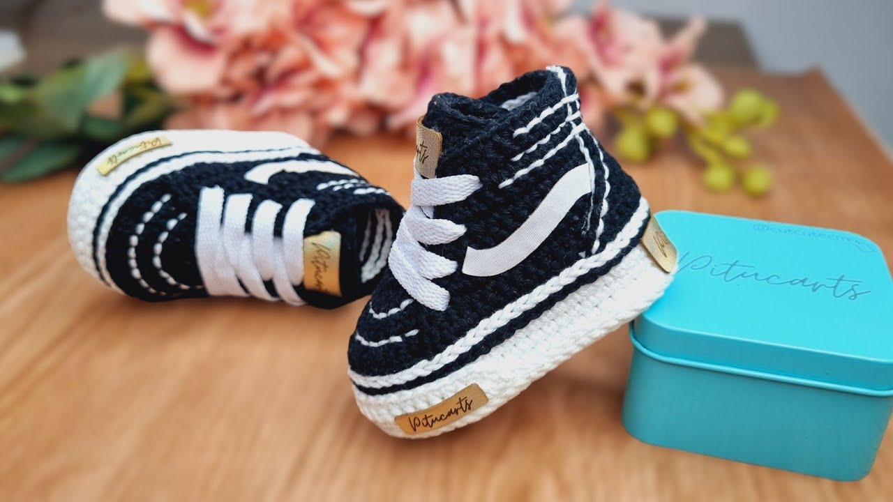 Tênis Tipo Vans em Crochê para Bebê - 9 cm - Sapatinho de Crochê Fácil de Fazer.