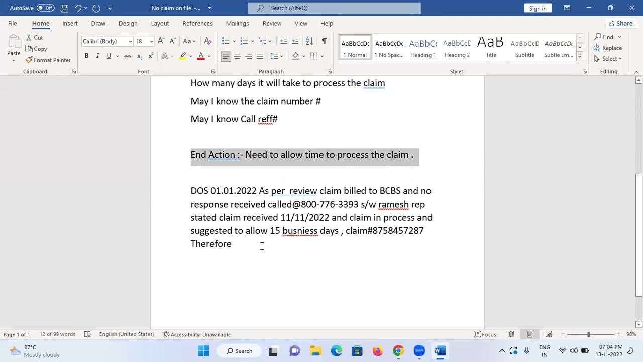 AR CALLING| CLAIM IN PROCESS SENIRO  | AR CALLER |