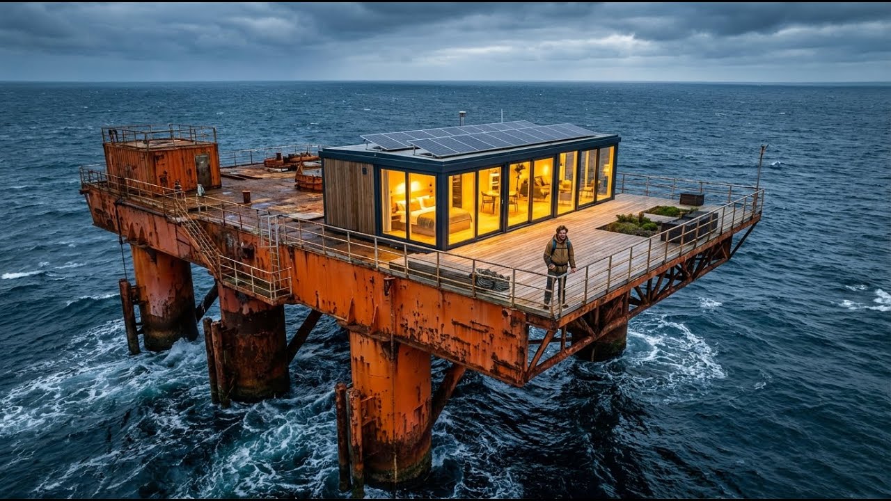 He Built a SECRET Modern House on an ABANDONED Oil Platform in the Middle of the Ocean (ASMR)