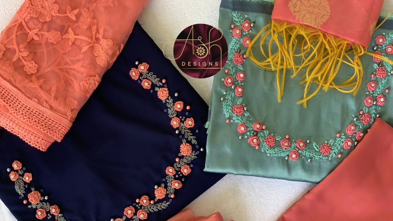 Hand Embroidery: Neck Design For Churidar| Bullion Rose|  french knot |lazy daisy leaves/Malayalam