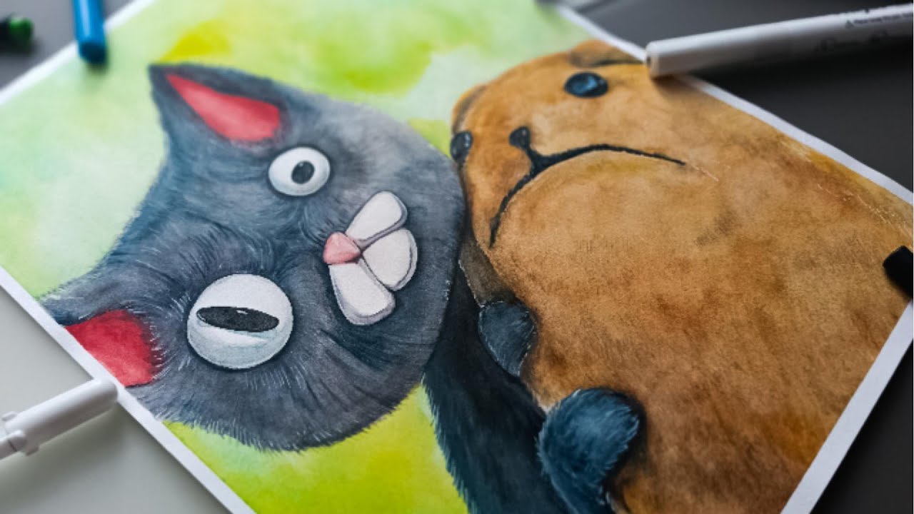 DRAW NOODLE AND BUN by WATERCOLORS ! TIME - LAPSE !