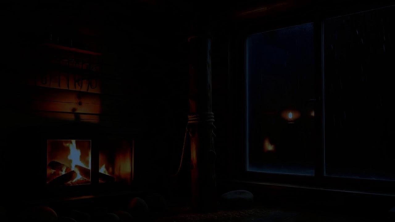 Dark Rainstorm Sounds with Warm Fireplace Ambience for Insomnia Relief