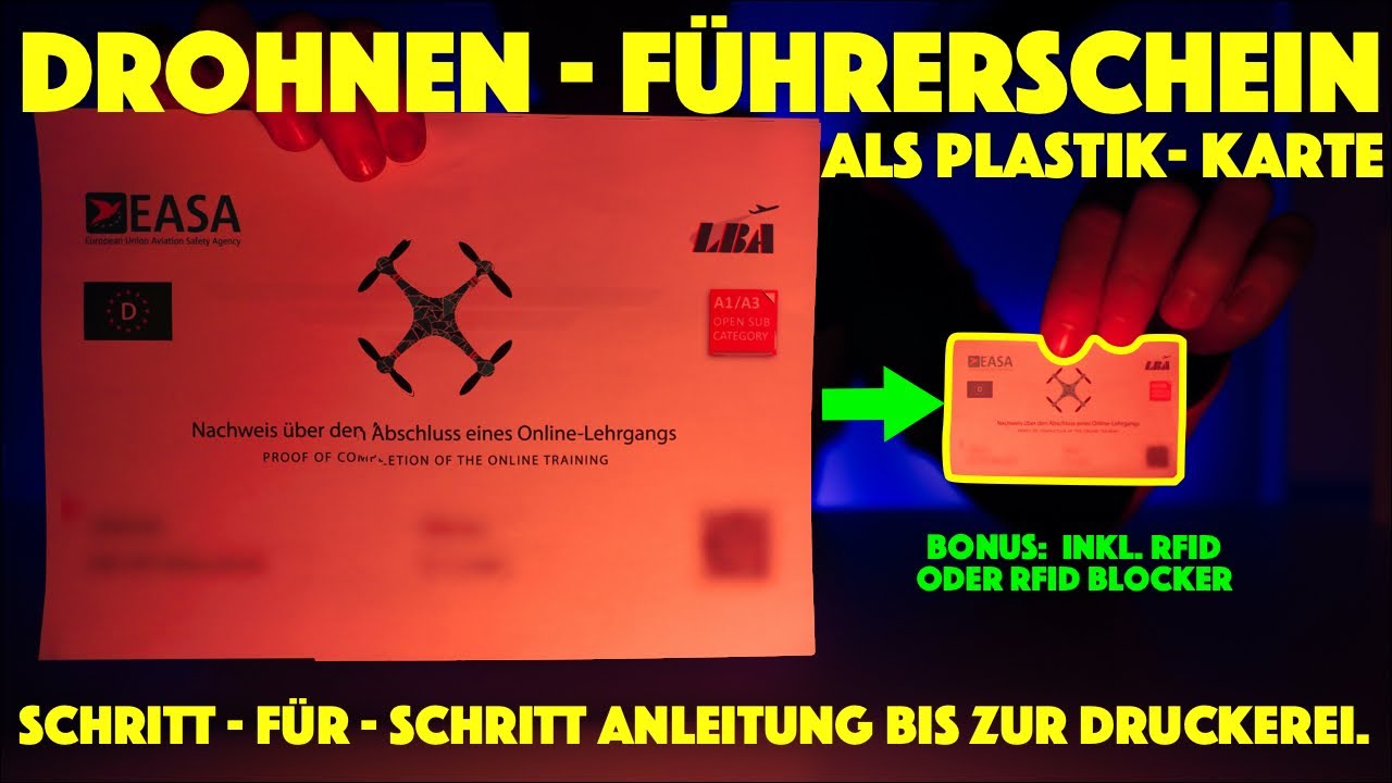 DJI Mini 2 /Mavic Mini Drohnenführerschein A1/A3 Kenntnisnachweis auf Plastikkarte drucken - deutsch