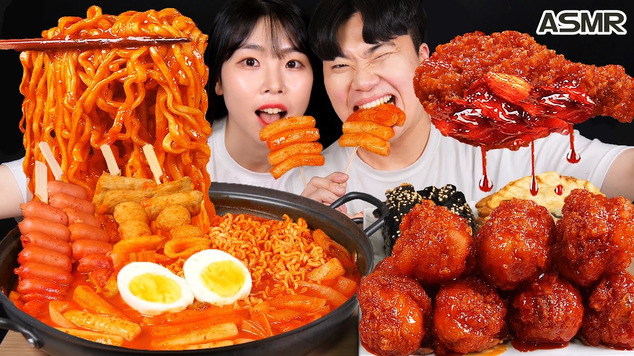 ASMR MUKBANG Острые токбокки, Курица с приправами, Сыр Кимчи Гимбап, жареная еда, Еда