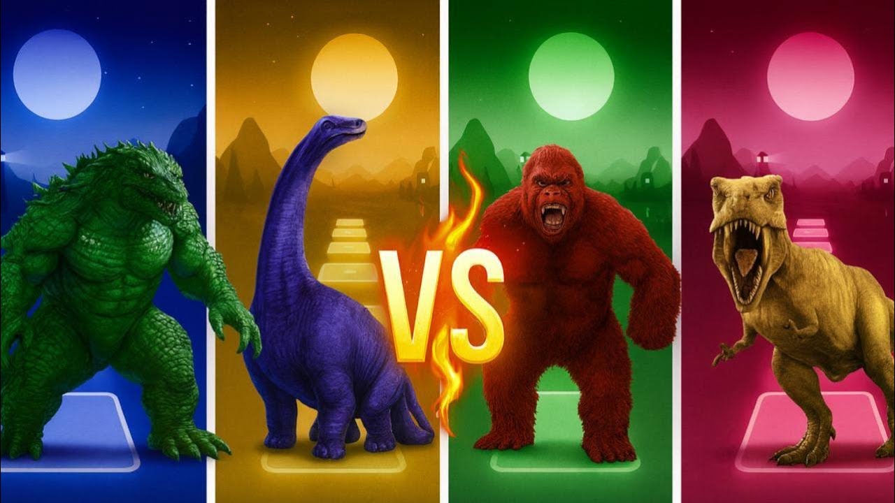 🔥 Godzilla vs King Kong vs T-Rex vs Brachiosaurus – EPIC BATTLE! 🔥| Tiles Hop