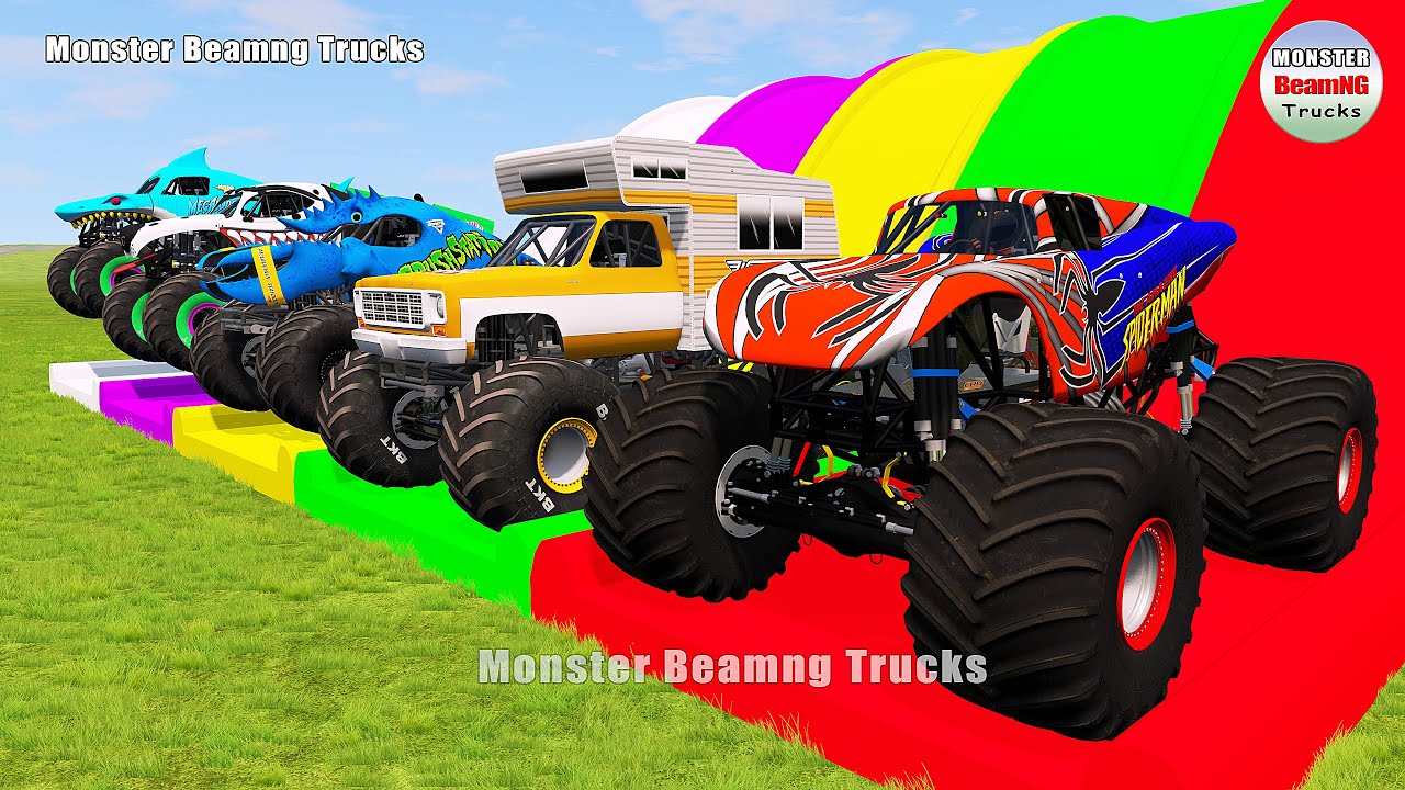 Triple Flatbed Trailer Monster Trucks Transport with Slide Color - BeamNG.drive 463