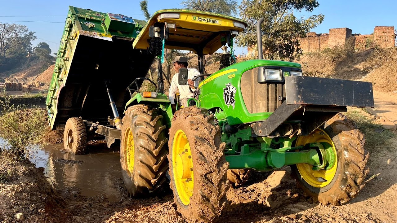 John Deere 4WD Tractor With Trolley Full Loaded Mud | tractor 