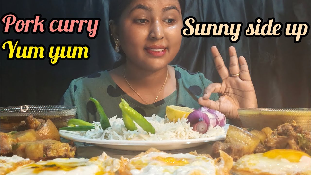 Mukbang yummy pork curry and Basmati rice and sunny side up 🍳 lots of salads#deliciousfood 