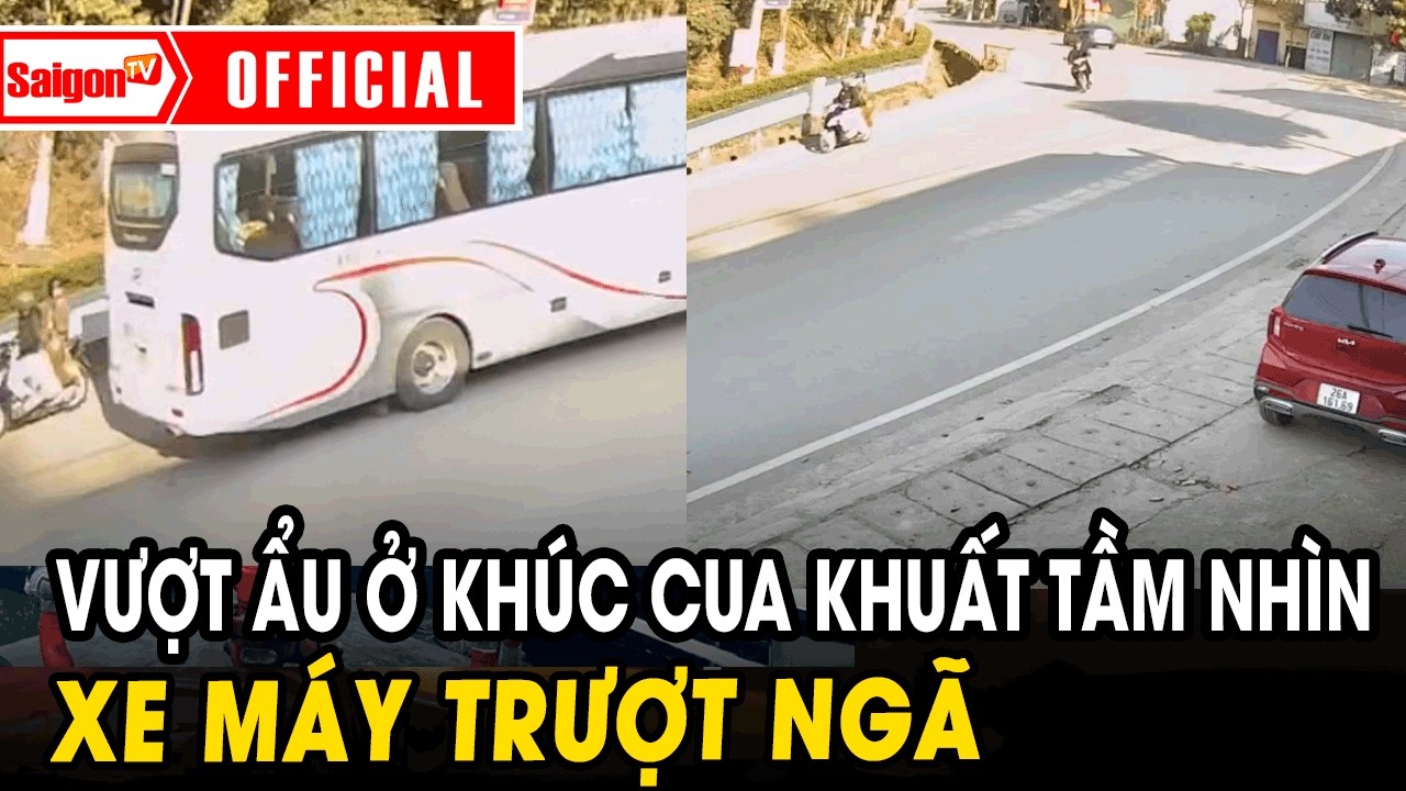Vượt ẩu ở khúc cua khuất tầm nhìn, xe khách khiến xe máy trượt ngã trên dốc  | Tin tức SaigonTV