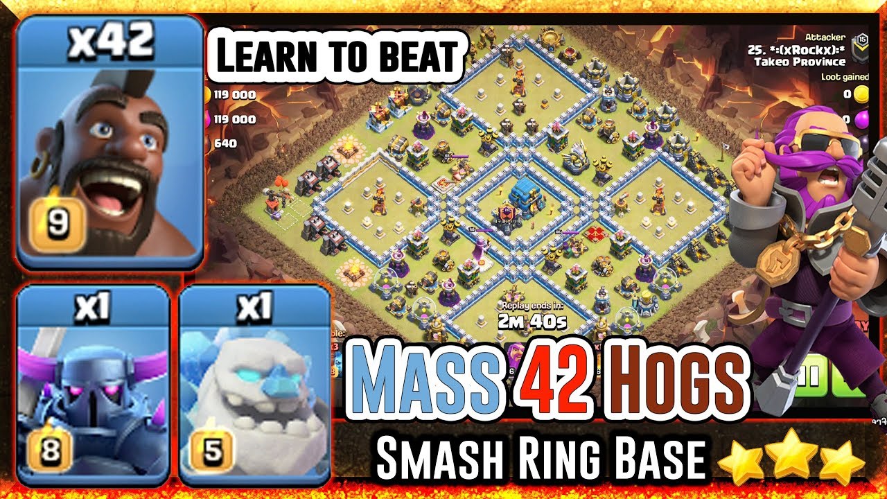 Learn To Beat MASS HOGS Attack Ring Base 3 Stars TH12 - 42 Hogs Pekka Ice ( Clash of Clans)