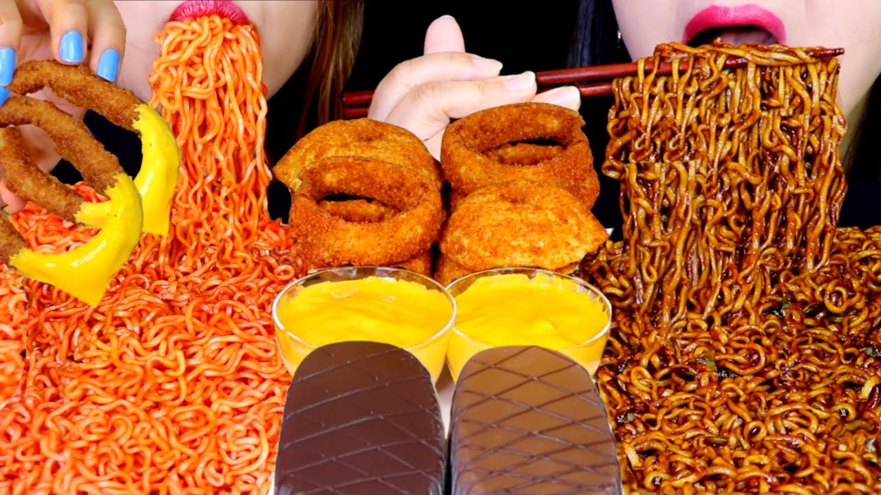ASMR BLACK BEAN NOODLES + SPICY FIRE NOODLES + CHEESY ONION RINGS + CHOCOLATE ICE CREAM BARS 짜장면 먹방