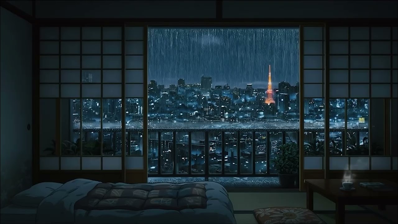 Rainy Night in Tokyo w Distant Rolling Thunder Sounds for sleep, study, relaxation | ASMR 4K