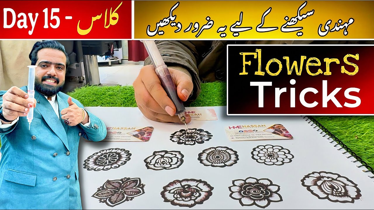 Day 14 || Basic flowers | easy trick | detail work class easy mehndi design | Hassan mehndi expert…,