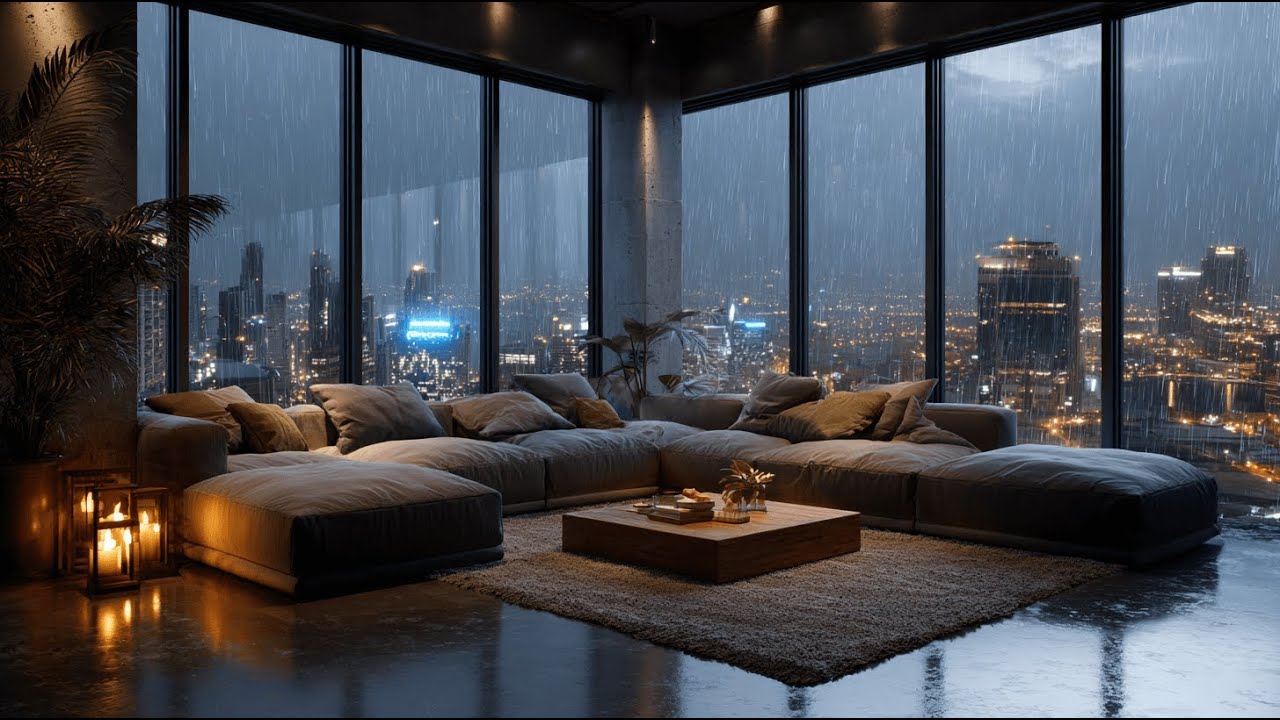 Cozy Living Room with Rainy City View — Calm Urban Ambience