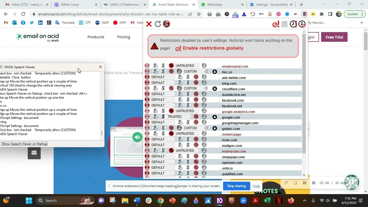 NoScript Add-On Chrome with keyboard and screen reader NVDA