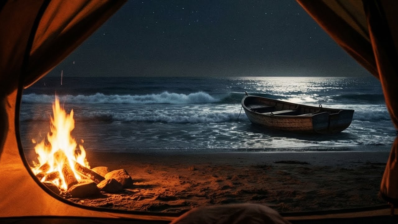 Oceanic Night Camp: Rhythmic Waves & Warm Shoreline Fireplace