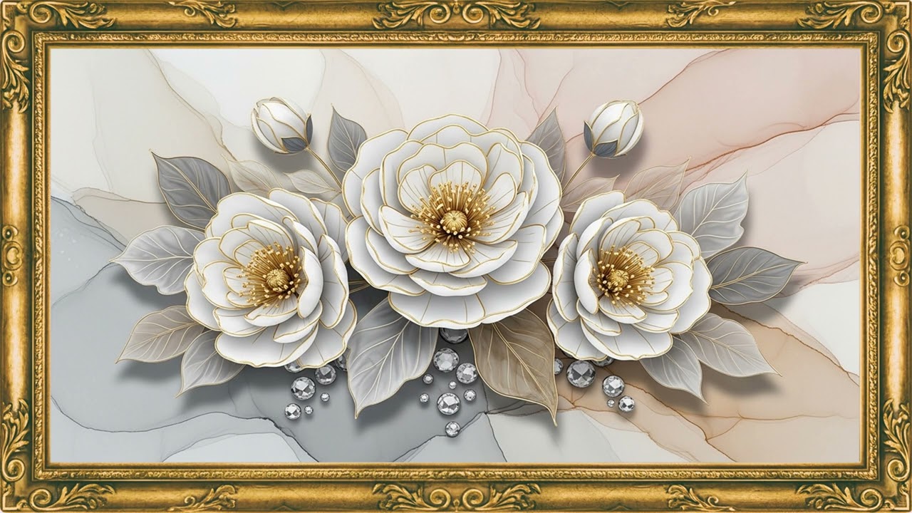Refined Gold-Detail Flower Painting 4K | Sophisticated Neutral Wall Display