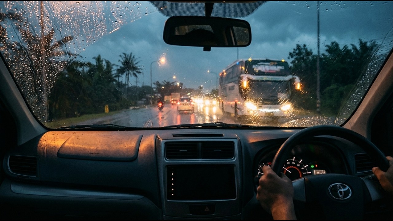 Вождение под сильным дождём в городе к вечеру для сна, работы и учёбы