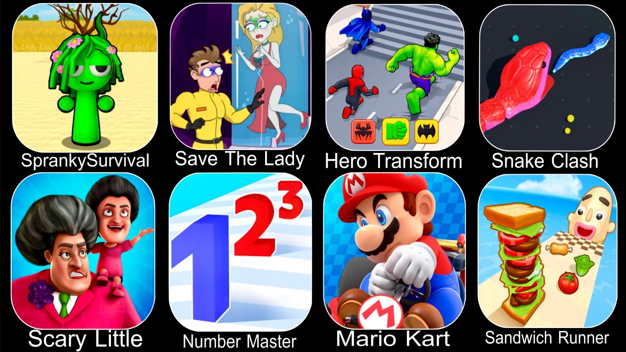 Spranky Survival,Mario Kart Tour,Sandwich Runner,Hero Transform,Snake Clash,Number Master