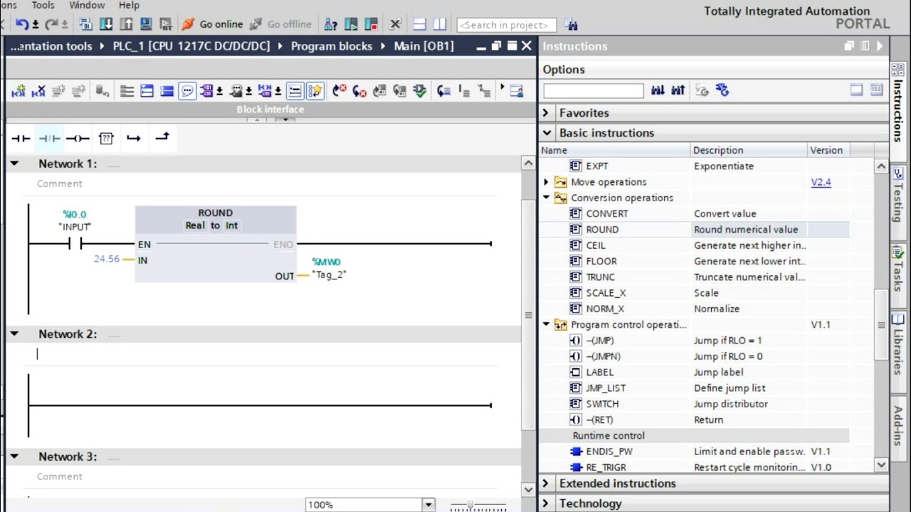 Tia Portal Tutorial for Beginners - Convert and Round Instructions