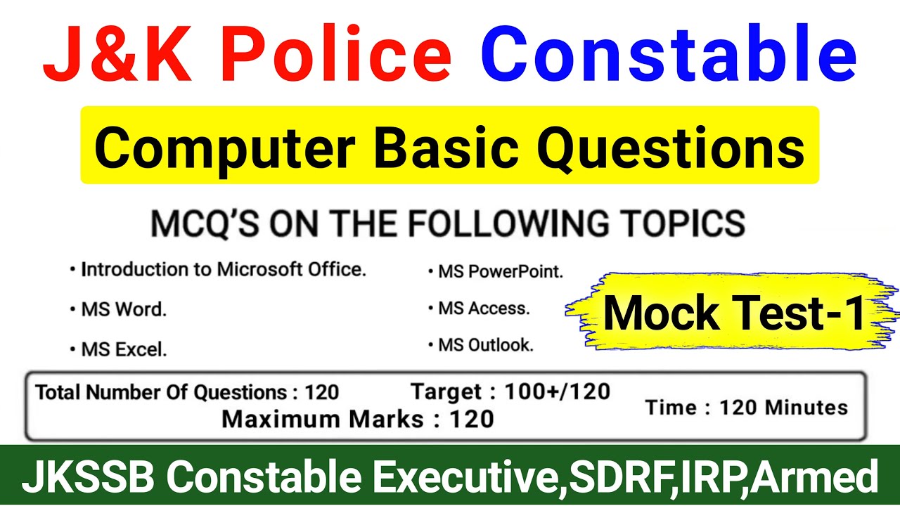 JK Police Constable Computer MCQS | JKSSB Constable Solved PYQS | JKSSB Constable Computer Mock Test
