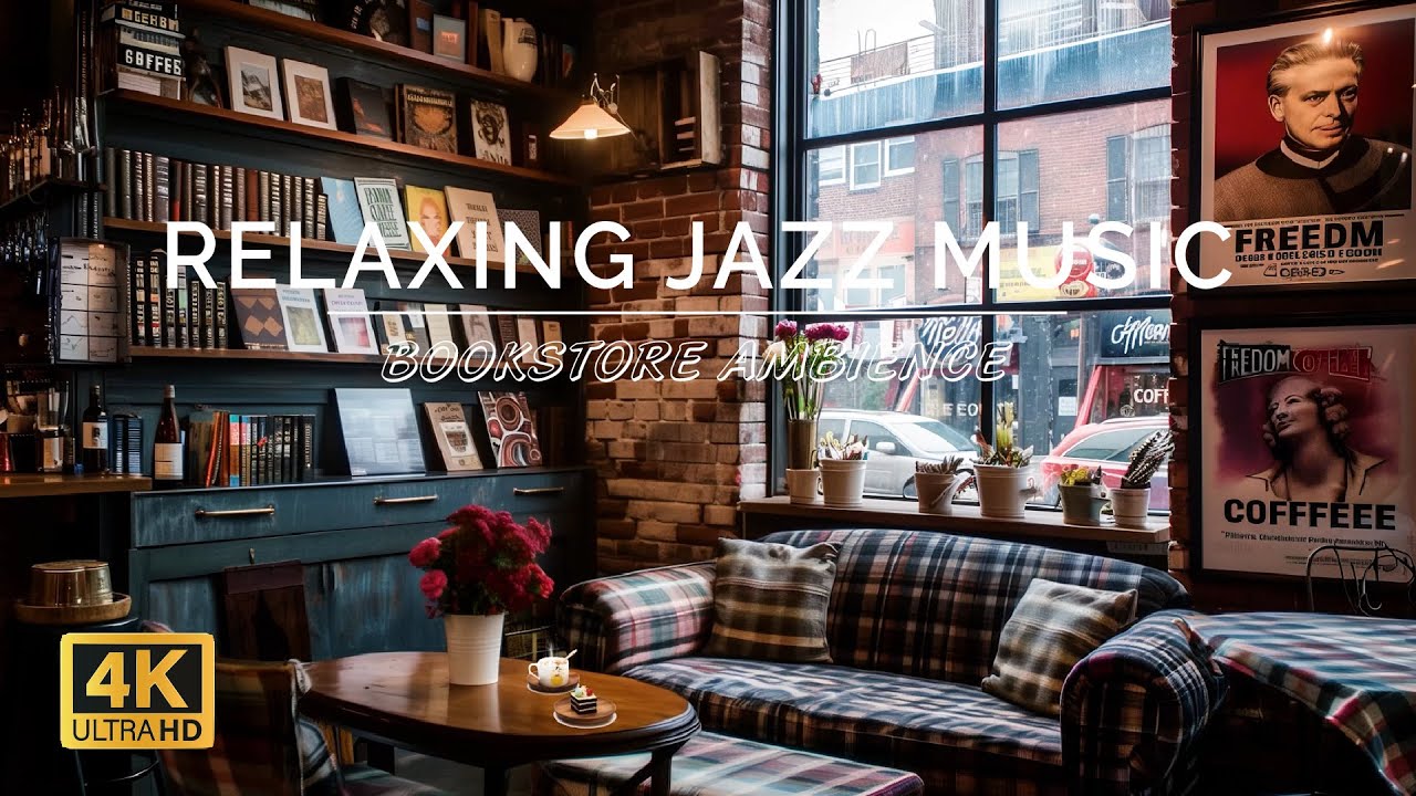 Fall Coffee Shop Bookstore Ambience | Relaxing Jazz Music & Rain Sounds for Studying, Relaxation