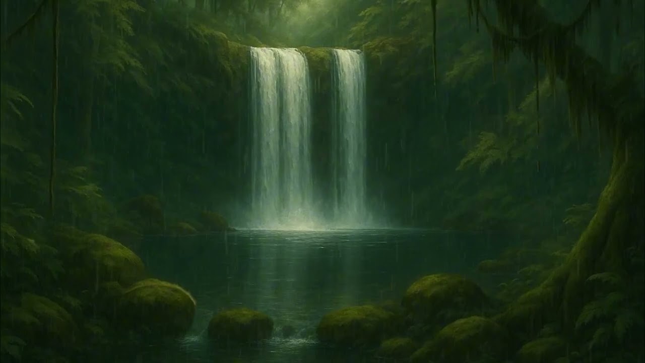 Waterfall Cascading into a Mossy Pool &ndash; Fantasy Art Loop for Calm, Focus, and Still Moments