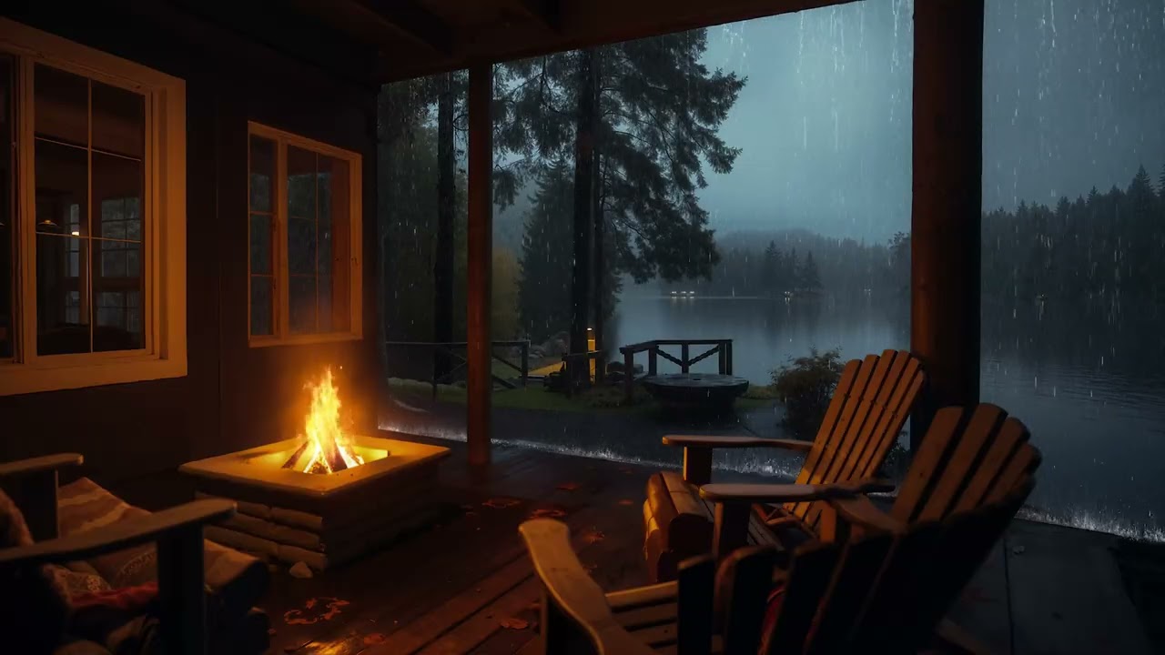 Calm and Peaceful Lakeside Ambient with Rainfall in Cabin Porch and Crackling Fire Pit