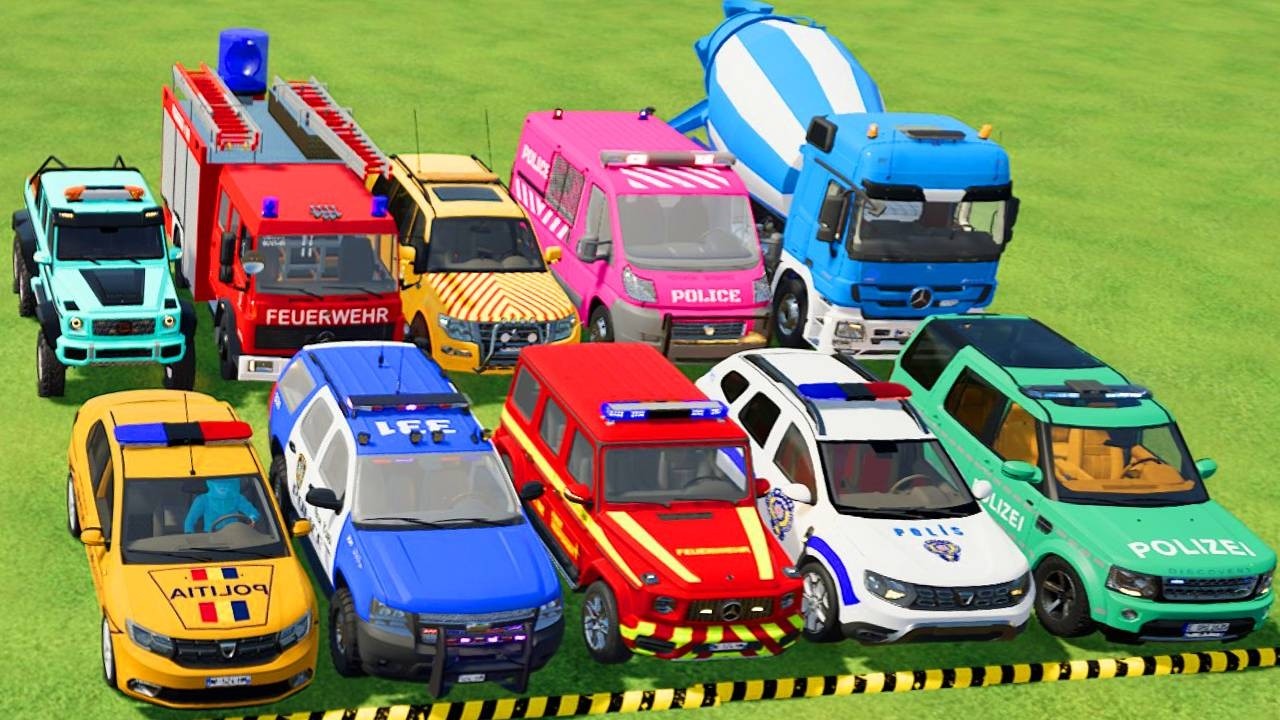 TRANSPORTING POLICE CARS, AMBULANCE, FIRE TRUCK, COLORFUL CARS WITH TRUCK -FARMING SIMULATOR 22!