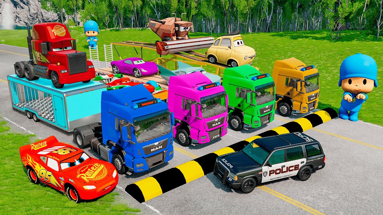 Flatbed Truck McQueen | Transportation with Truck - Pothole vs Car #24 | BeamNG.Drive Gameplay