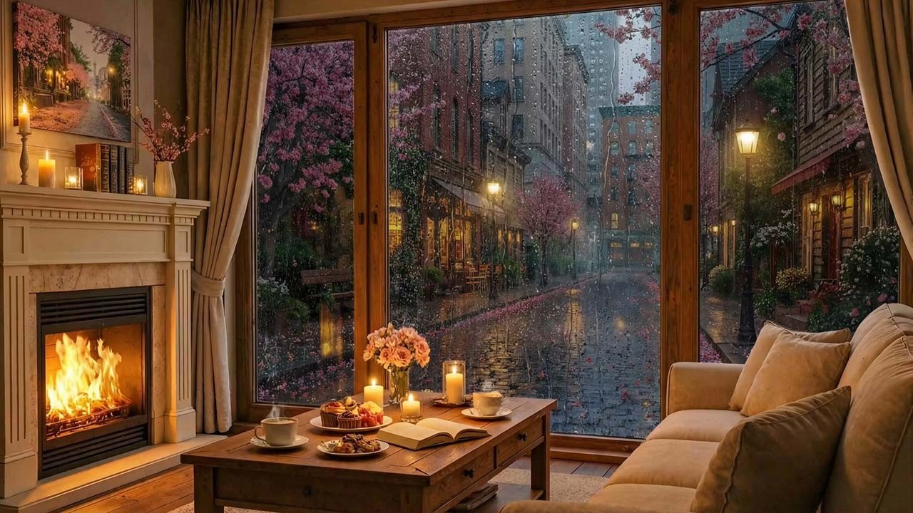 Soft Jazz Piano with Rainy Window Coffee Shop Ambience | Cozy Fireplace Sounds for Work & Study