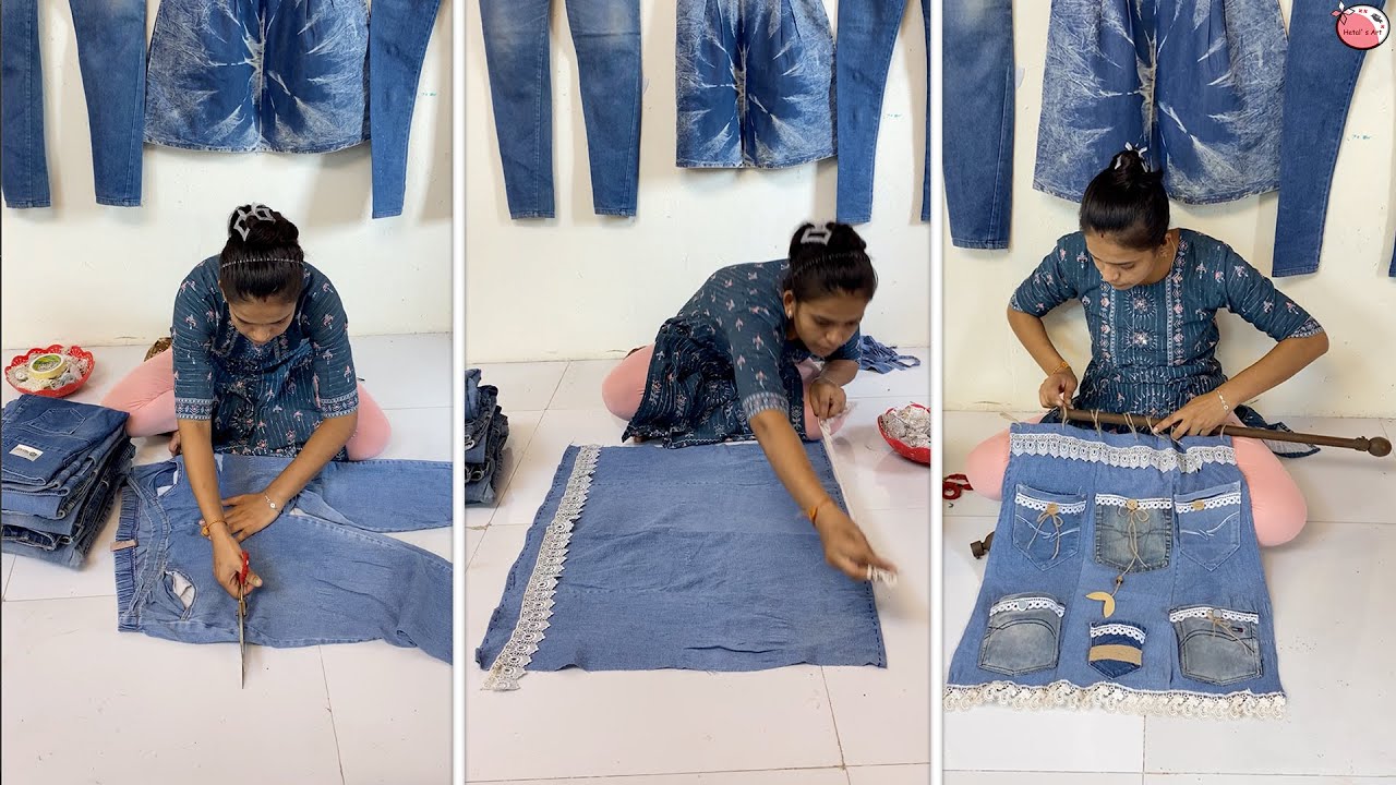 Turn old jeans into home Organiser - Old clothes reuse ideas 