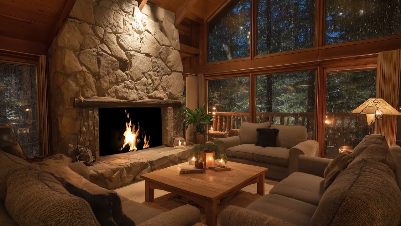 Heavy Rain & Crackling Fireplace | Cozy Cabin Living Room for Deep Sleep