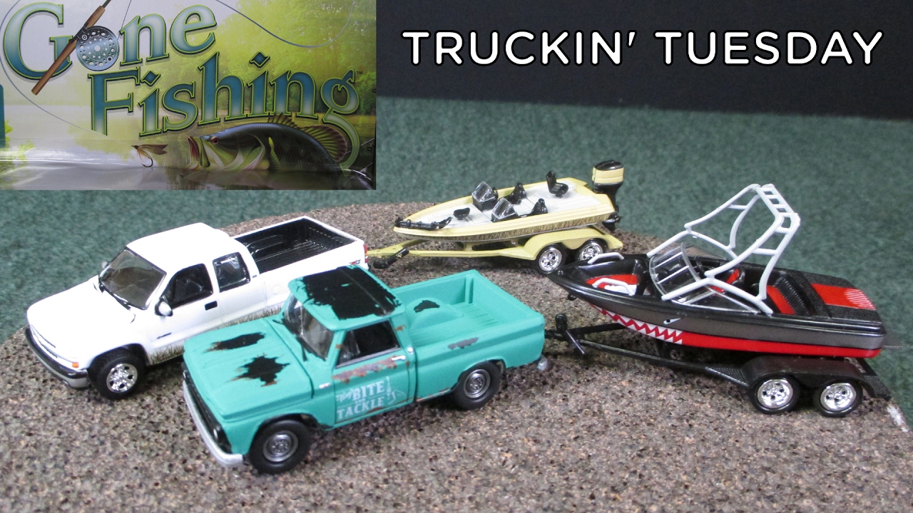 Truckin' Tuesday Gone Fishing 3 piece sets with boats and trailers by Johnny Lightning