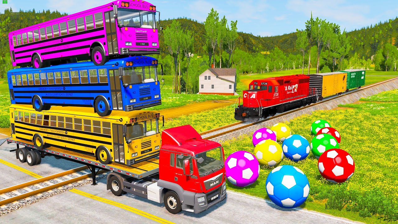 Flatbed Trailer Truck Rescue Bus - Cars vs Deep Water - Cars vs Rails and Trains - BeamNG Drive