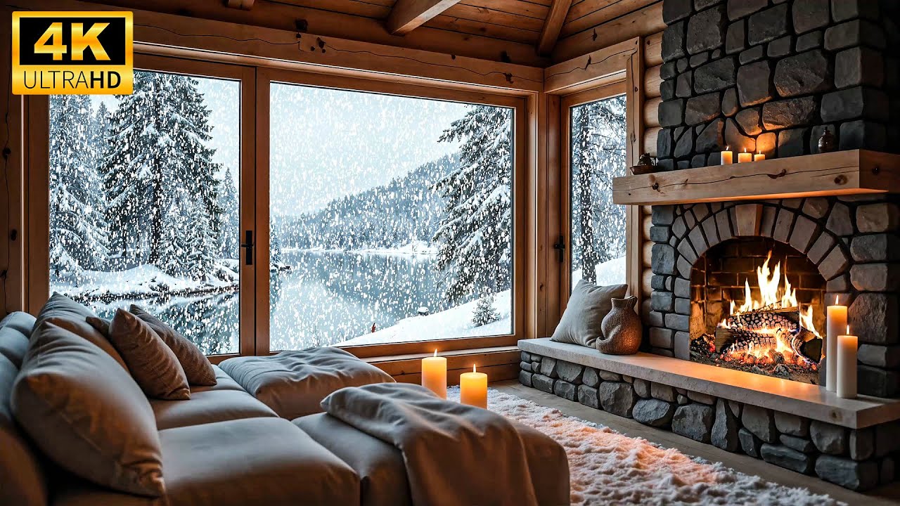 Cozy Lakeside Cabin ❄️ | Crackling Fireplace & Gentle Snowfall Ambience in 4K