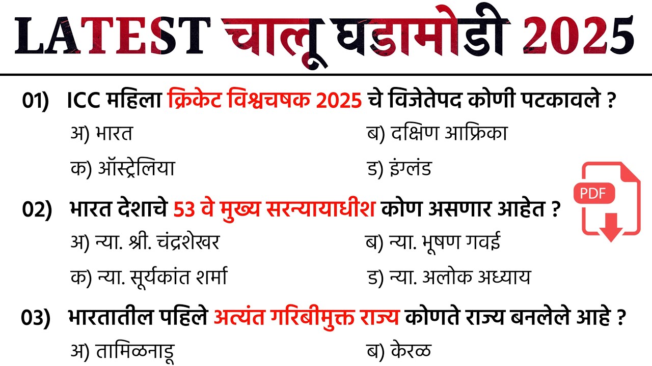 Current Affairs Marathi 2025 | चालू घडामोडी जानेवारी ते ऑक्टोंबर महिन्याच्या  Latest Current Affairs