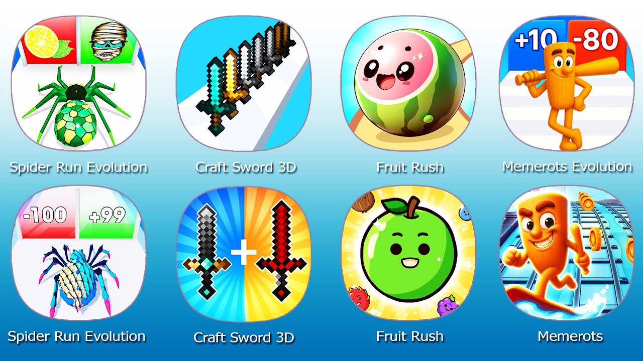 Memerots Evolution Run,Spider Run Evolution,Craft Sword 3D,Fruit Rush