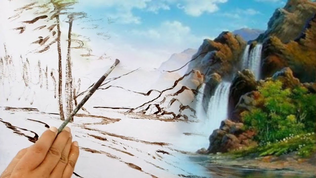 Easy waterfalls and mountains / Landscape acrylic painting for beginners