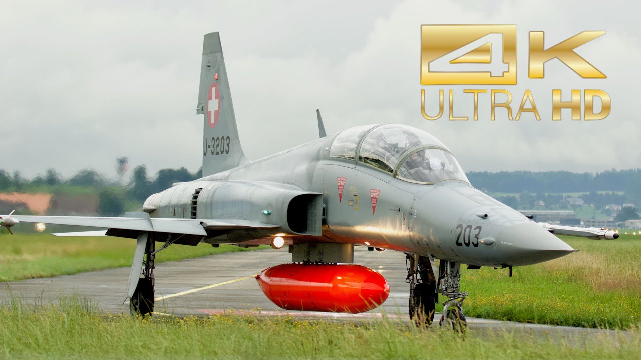 (4K) 4 Northrop F-5 E/F Tiger II Swiss Air Force departure and arrival at Emmen Air Base LSME