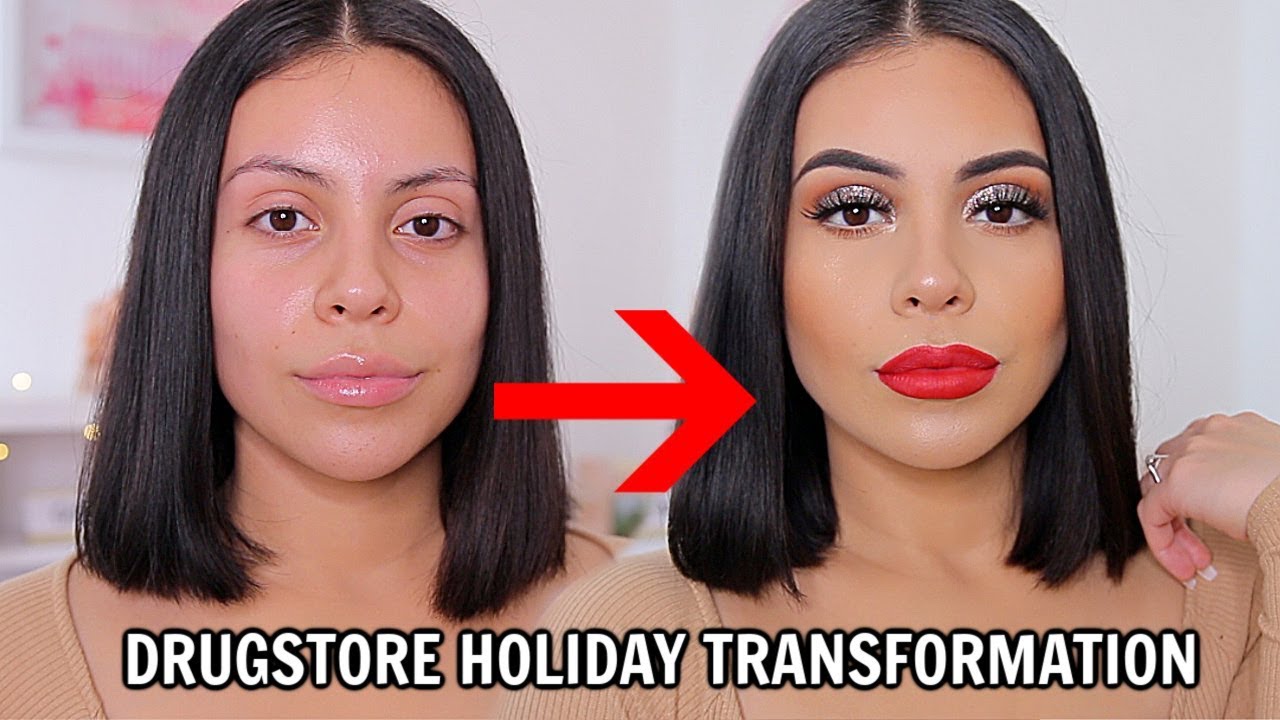 DRUGSTORE HOLIDAY MAKEUP TRANSFORMATION: EASY & LONG LASTING! *glowy skin + red lips*
