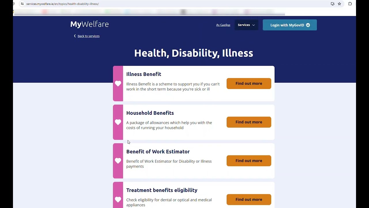 Short video showing access to 'Mywelfare' (Payments, Pension, Dental Optical etc..) in Ireland
