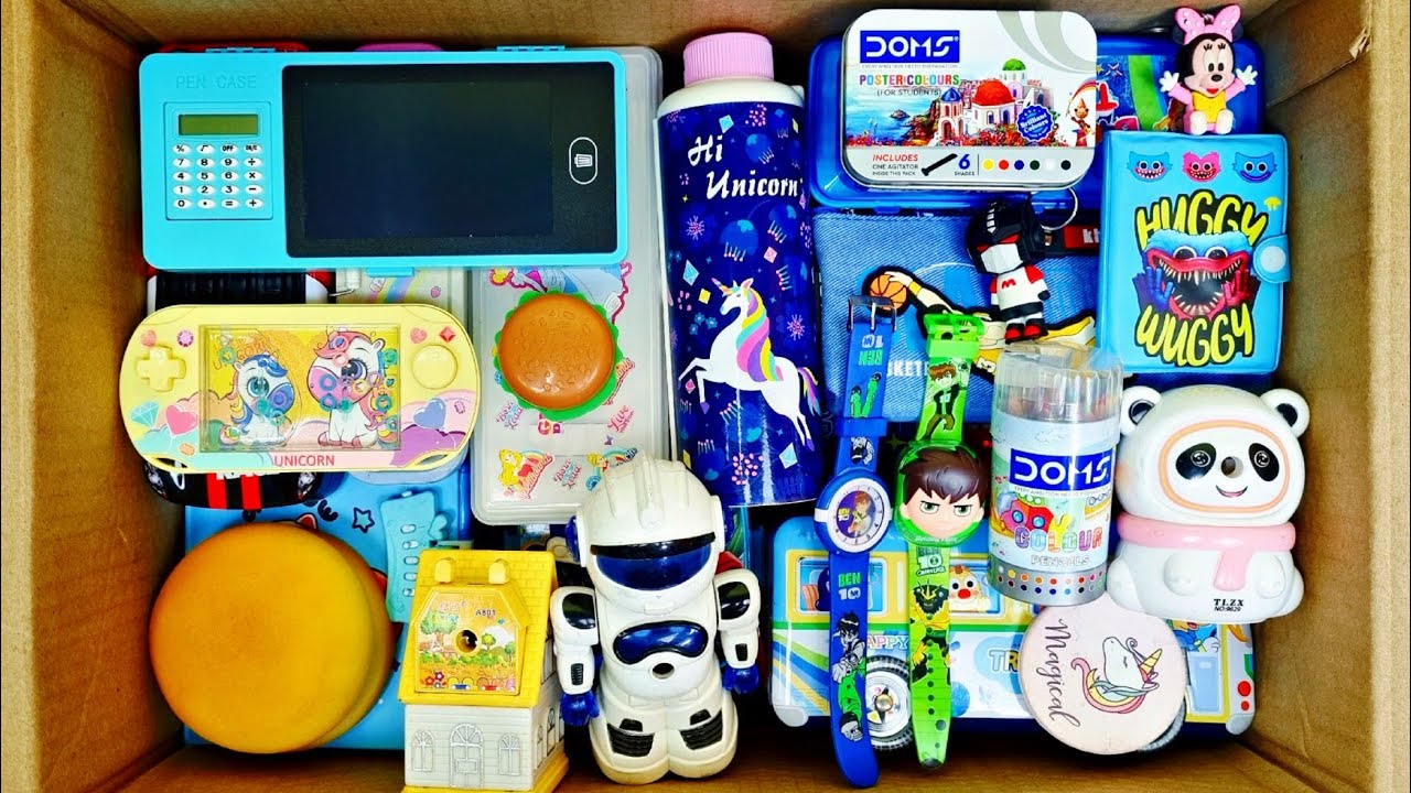 Unboxing cute stationery items - pencil box, sharpner, eraser, notbook, highlighter, Geometry Box