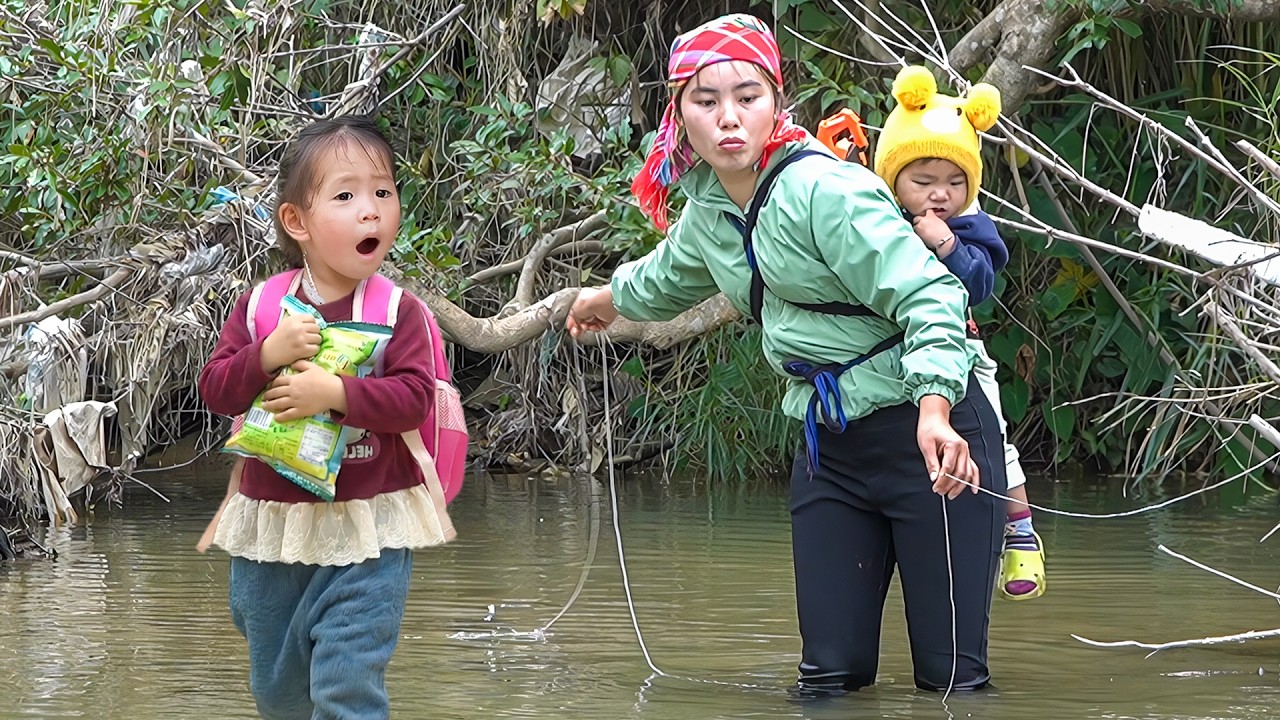 Single mom with Little children Harvesting River fish by Hand to Sell at Local market
