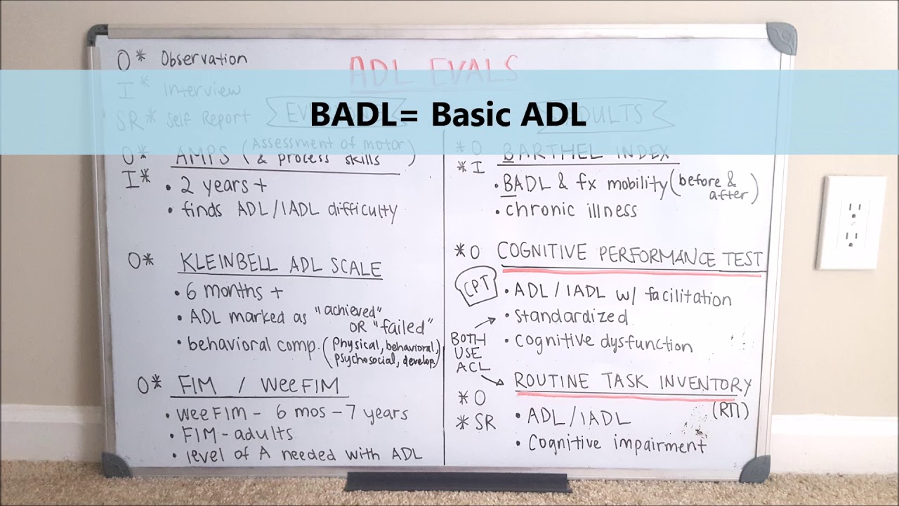 OT Adult ADL Assessments // AMPS Kleinbell FIM Barthel CPT RTI